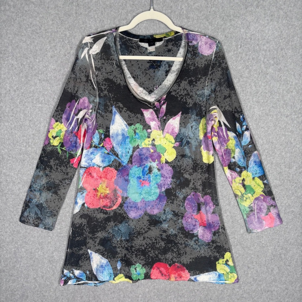 Abstract Floral Tunic Top Large Black Artsy Boho Dark Eclectic Printed Knit USA